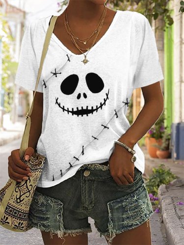 Skull Smiley Patch Print V-Neck T-Shirt