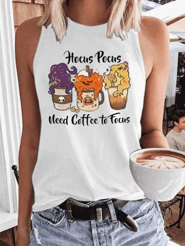 Women's Halloween Wonderful Time I Need Coffee To Focus Print Sleeveless T-Shirt