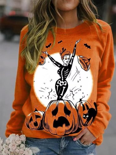 Women's Halloween Witch Pumpkin Black Cat Printed Sweatshirt