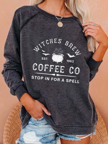 Women's Halloween Witches Brew Coffee Co Stop In For A Spell Print Casual Sweatshirt
