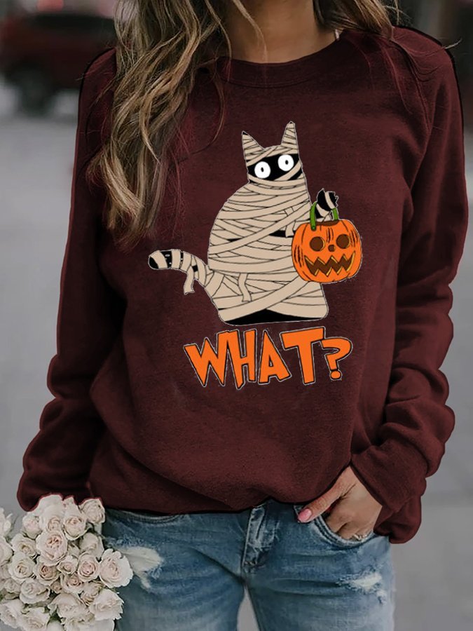 Women's Halloween Bandage Black Cat Pumpkin Print Casual Sweatshirt