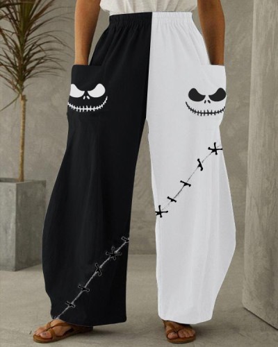 Halloween Ghost Face Stitch Contrast Color Pants