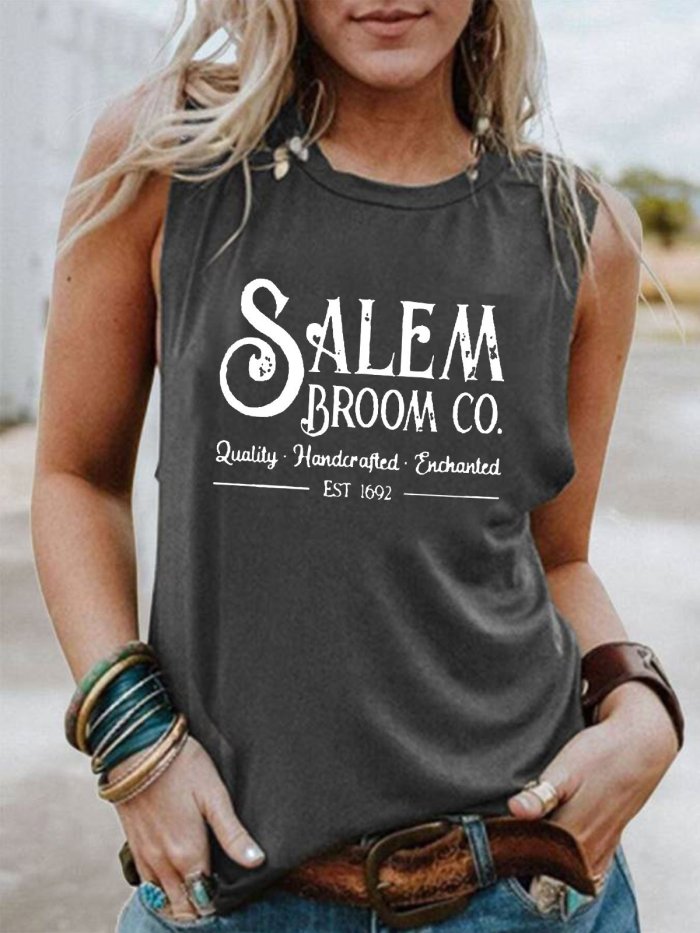Women's Salem Broom Co Quality Handcrafted Enchanted Est 1692 Print Sleeveless T-Shirt
