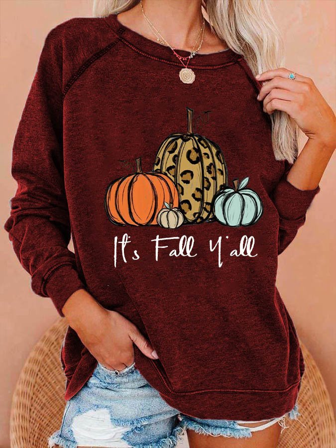 Women's Halloween It's Fall Y'all Pumpkin Print Sweatshirt