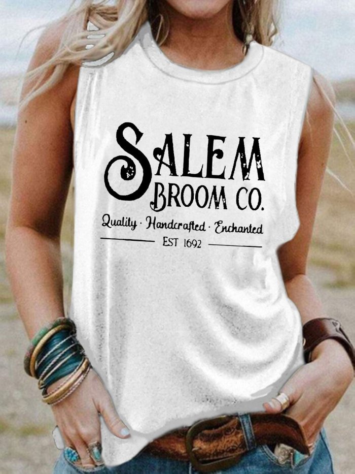 Women's Salem Broom Co Quality Handcrafted Enchanted Est 1692 Print Sleeveless T-Shirt