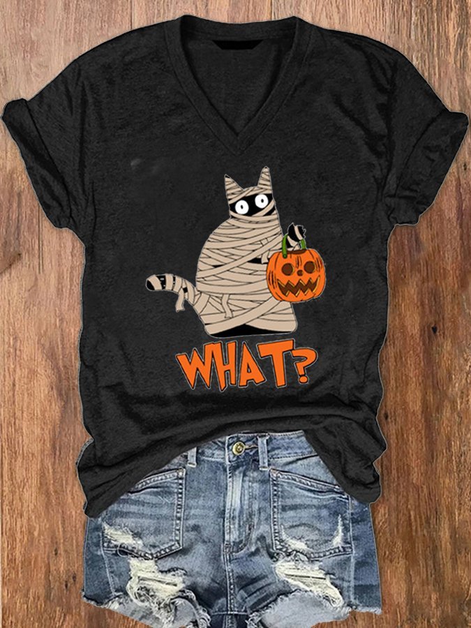 Women's Bandage Black Cat Pumpkin Print V-Neck T-Shirt