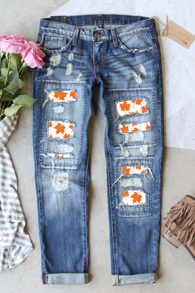 Maple Leaf Print Button Pockets Ripped Jeans