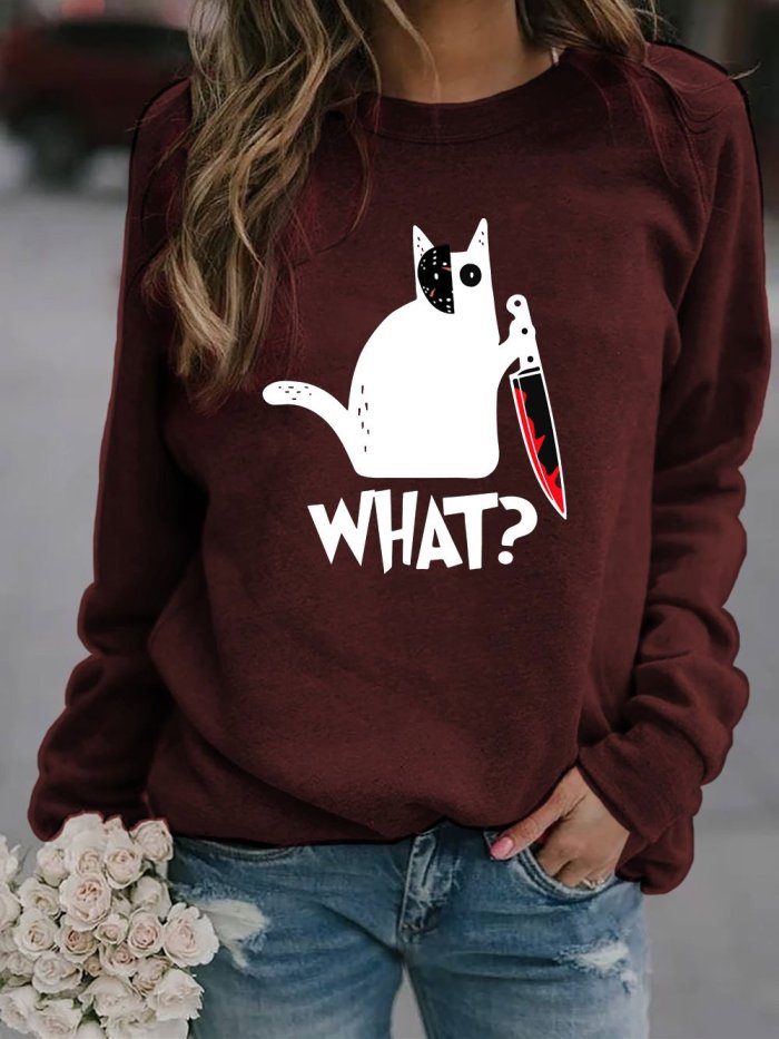 Women's Cute Cat WHAT Print Sweatshirt