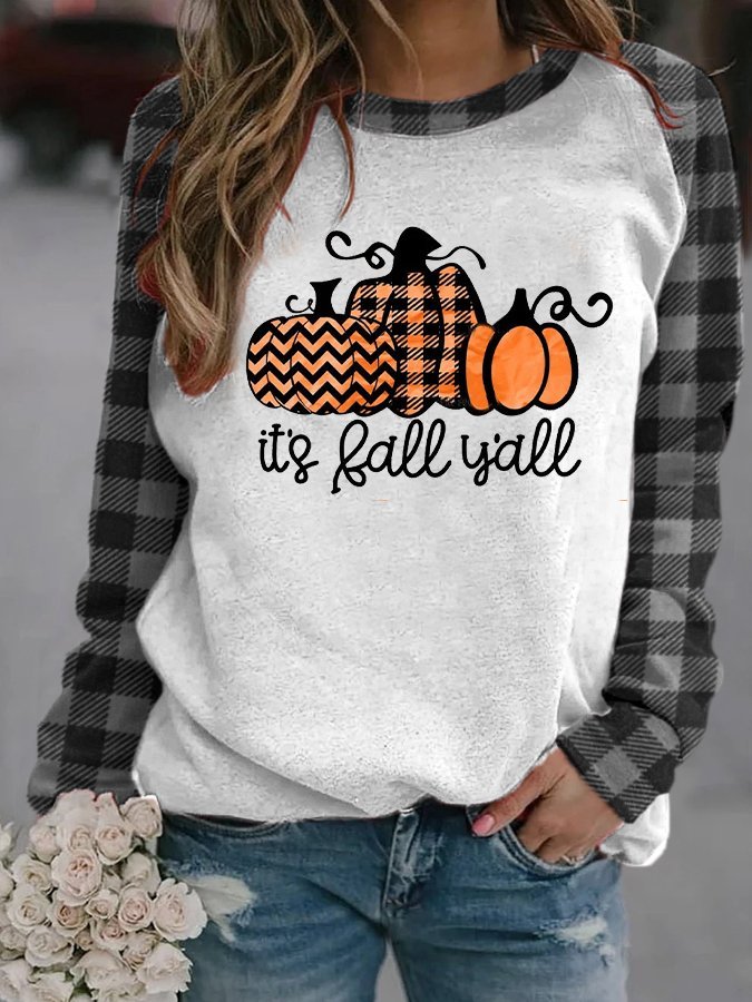 Women's It's Fall Y'all Plaid Pumpkin Print Casual Sweatshirt