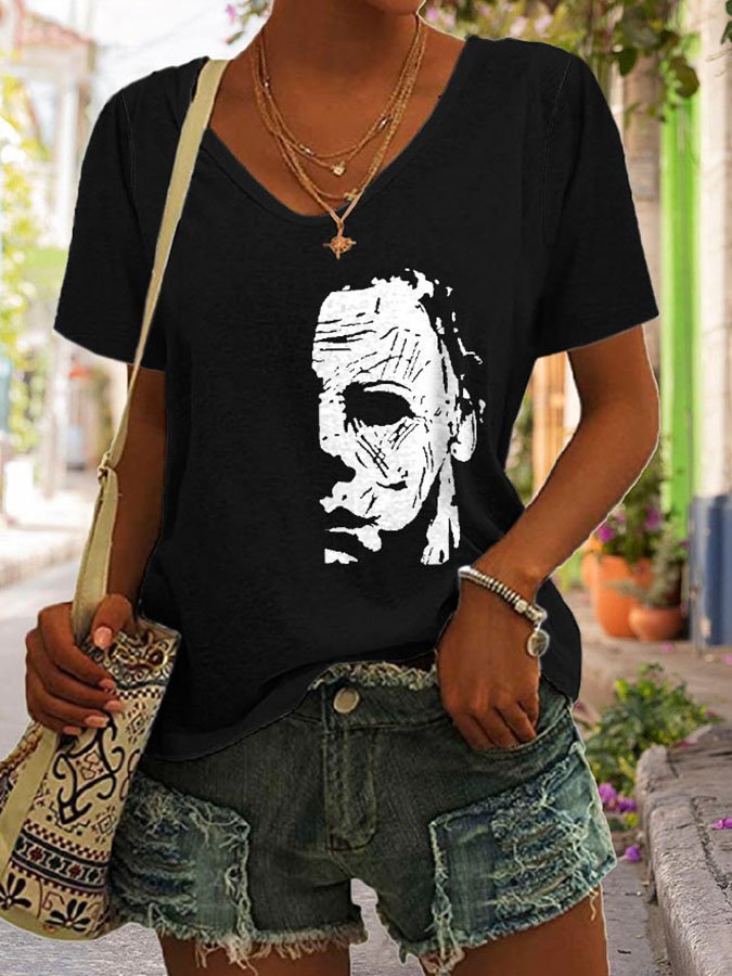 V-Neck Halloween Michael Myers He Came Home Print T-Shirt