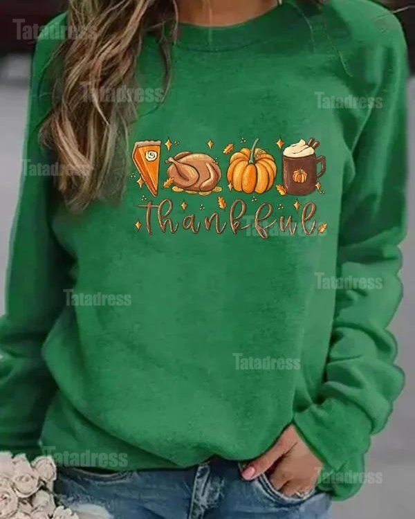Women's Thankful Pumpkin Pie Thanksgiving Bible Turkey Leaves Fall Autumn Printed Casual Sweatshirt