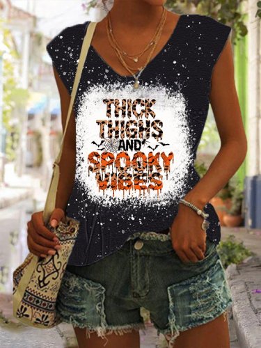 Women's Halloween Thick Thighs and Spooky Vibes Print Sleeveless T-Shirt