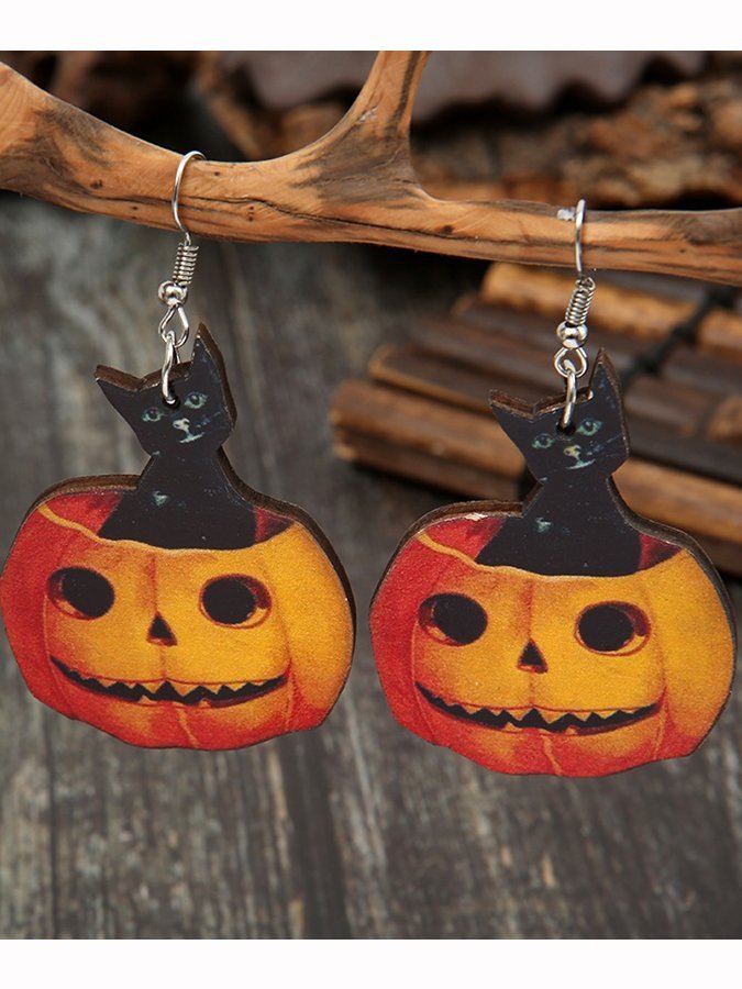 Women's Halloween Cat Pumpkin Wood Earrings