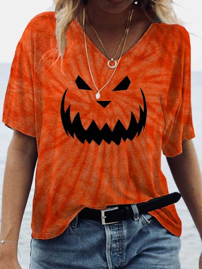 Women's Halloween Pumpkin Face Tie Dye Print V-Neck Short Sleeve T-Shirt