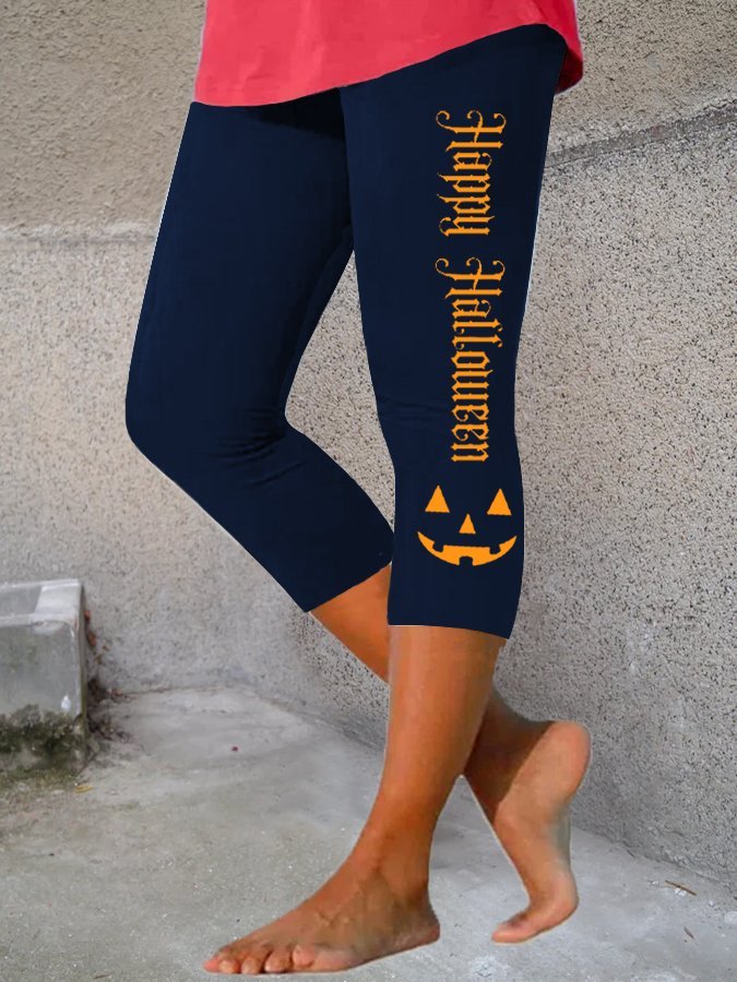 Women's Happy Halloween Pumpkin Face Print Cropped Leggings