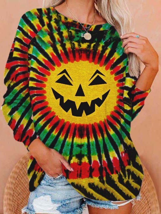 Women's Halloween Pumpkin Tie Dye Print Sweatshirt