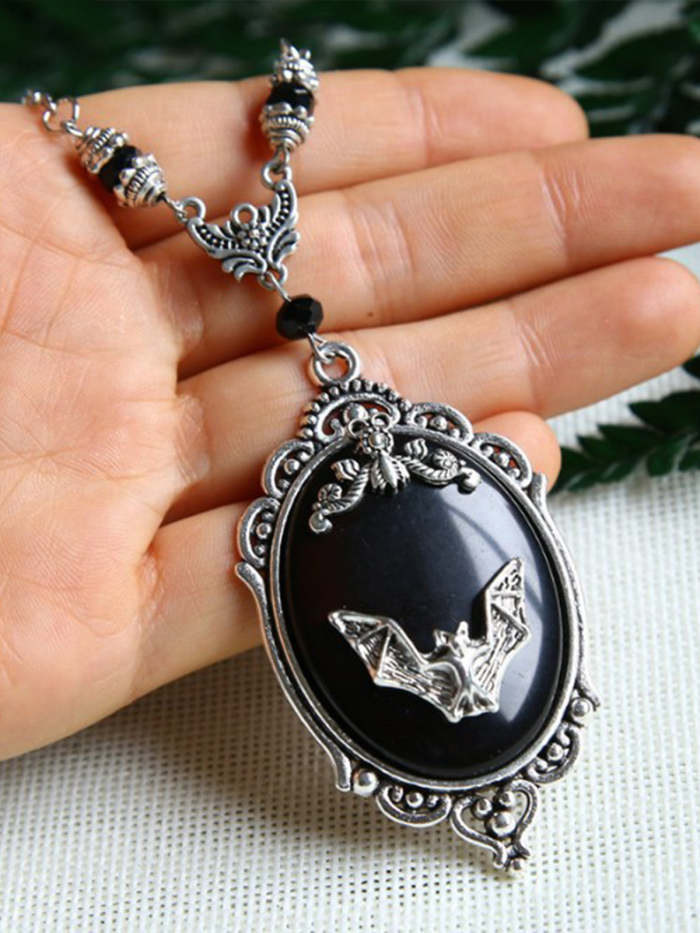 Halloween Bat Black Gemstone Necklace Earrings Ring Jewelry
