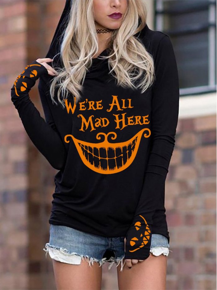Women's Halloween We're All Mad Here Funny Big Mouth Pussy Print Hoodie
