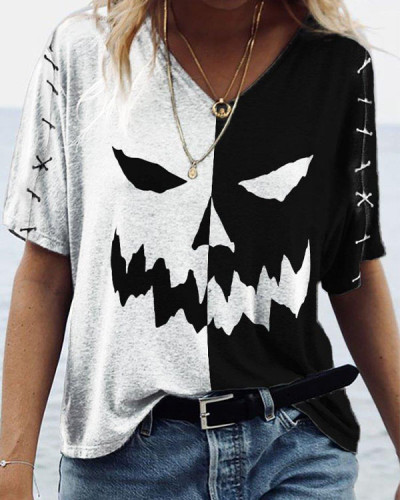 Halloween Spooky Face Print  Casual V-Neck  Top