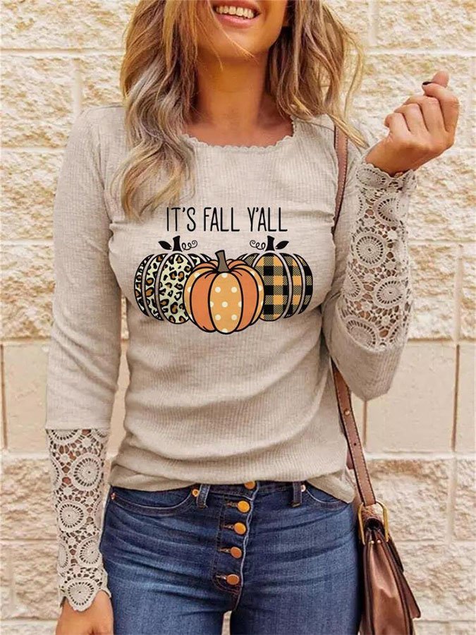 Fashion Pumpkin Print Patchwork Lace Long Sleeve Top
