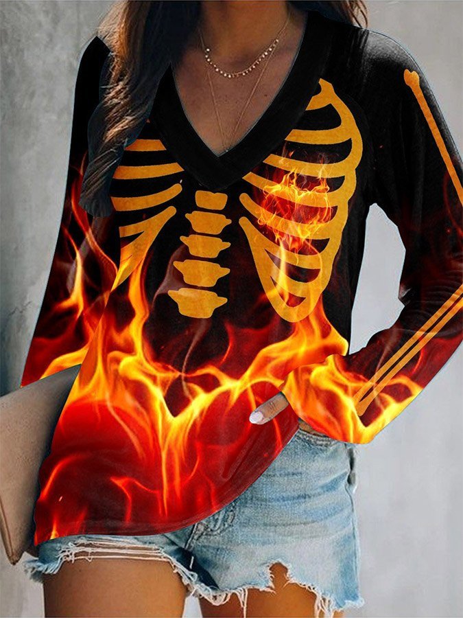 Fashion Skeleton Print Long Sleeve Top