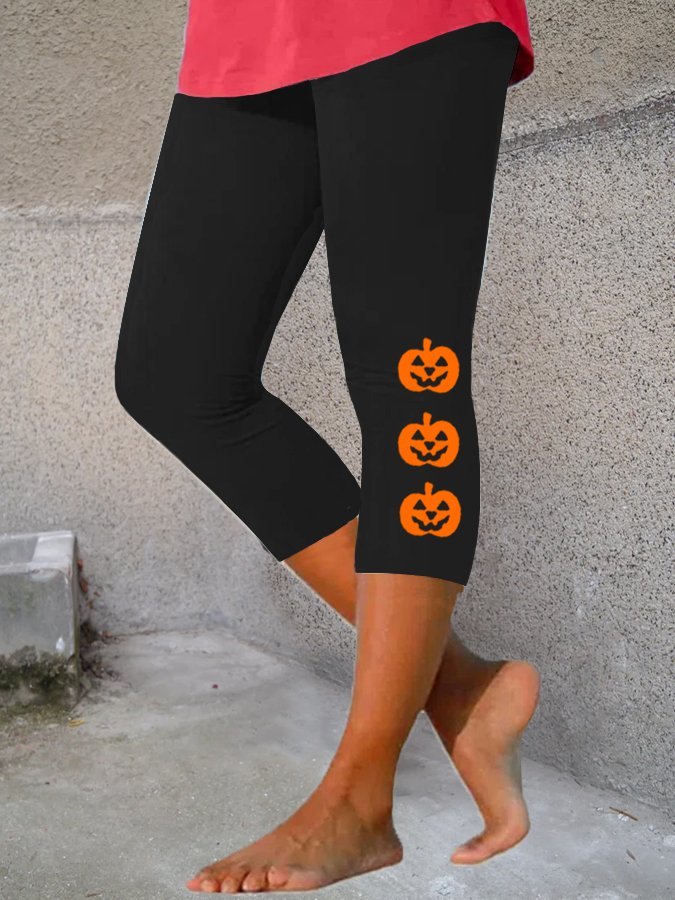 Women's Pumpkin Face Print Cropped Leggings