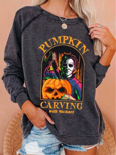 Women's Halloween Pumpkin Carving With Michael Print Top