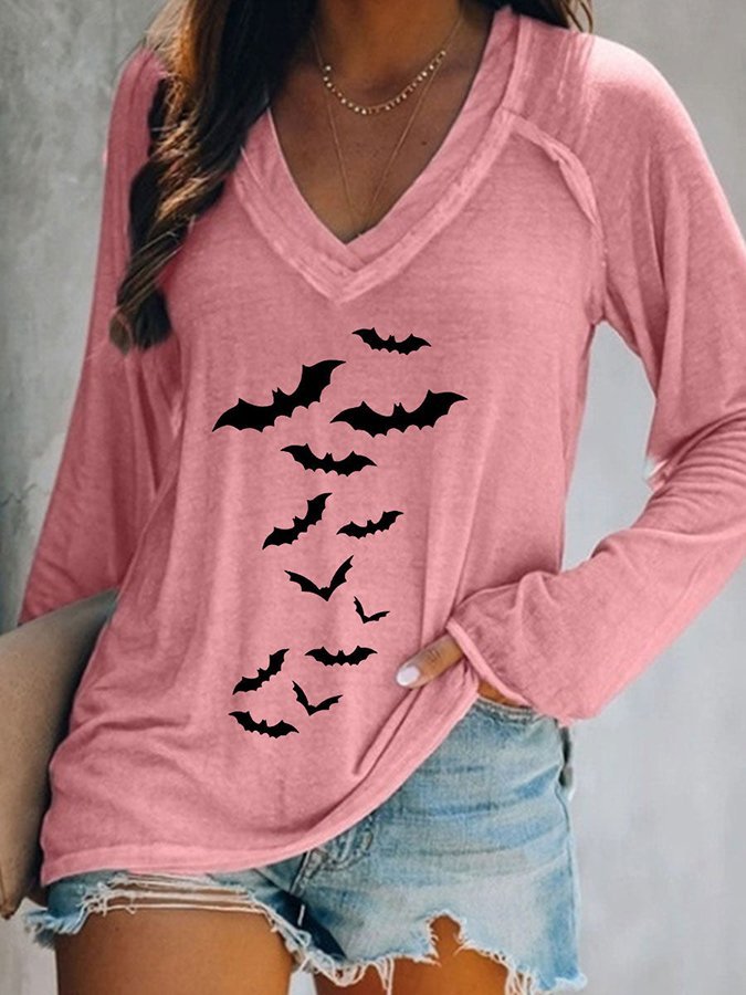 Halloween Bats Print V-neck  Long Sleeve Casual T-Shirt