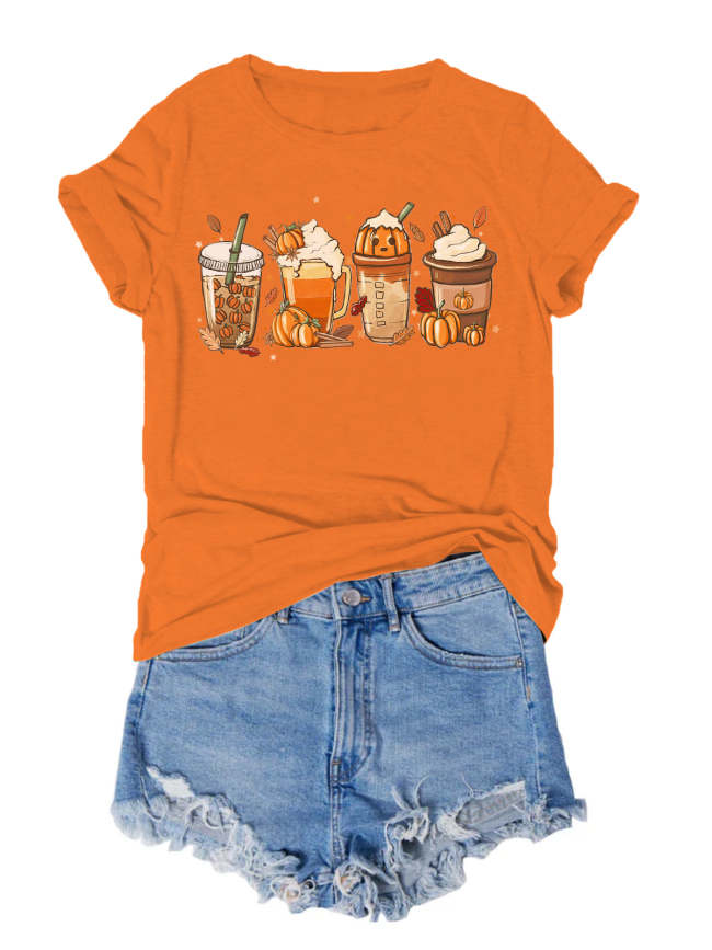 Pumpkin Coffee Print Casual Solid T-Shirt