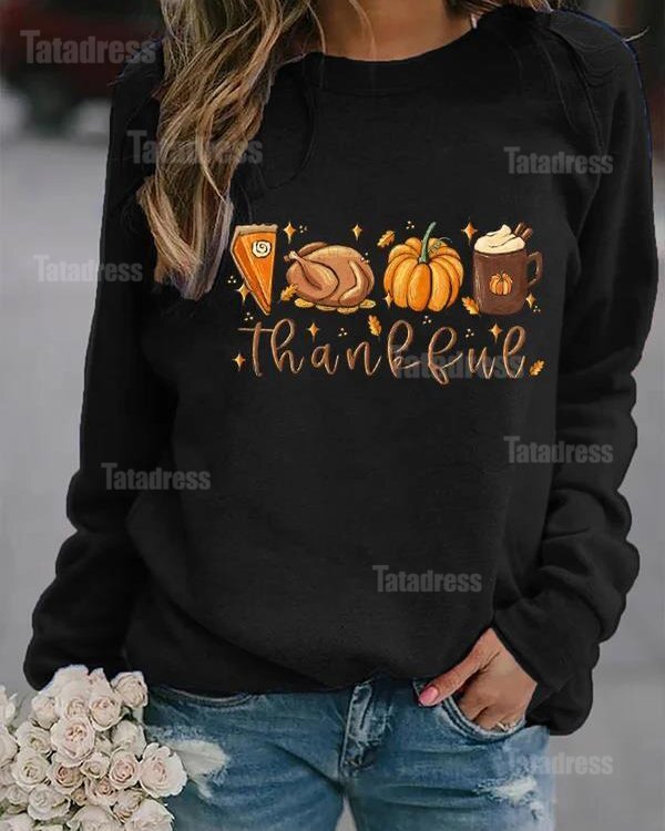 Women's Thankful Pumpkin Pie Thanksgiving Bible Turkey Leaves Fall Autumn Printed Casual Sweatshirt