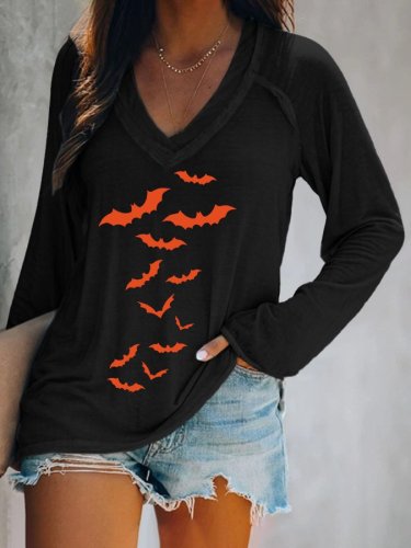 Halloween Bats Print V-neck  Long Sleeve Casual T-Shirt