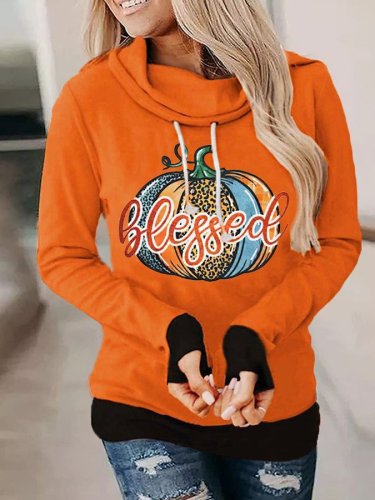 Women's Blessed Leopard Pumpkin Print Double Collar Sweatshirt