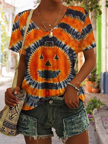 Women's Halloween Pumpkin Tie Dye Print V-Neck T-Shirt