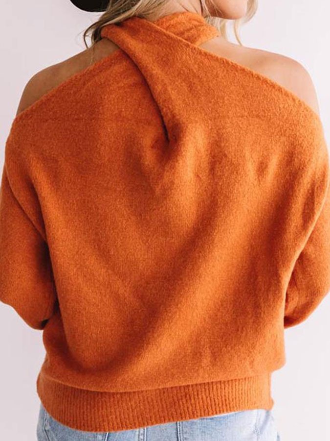 V-Neck Cross Off-The-Shoulder Orange Sweater