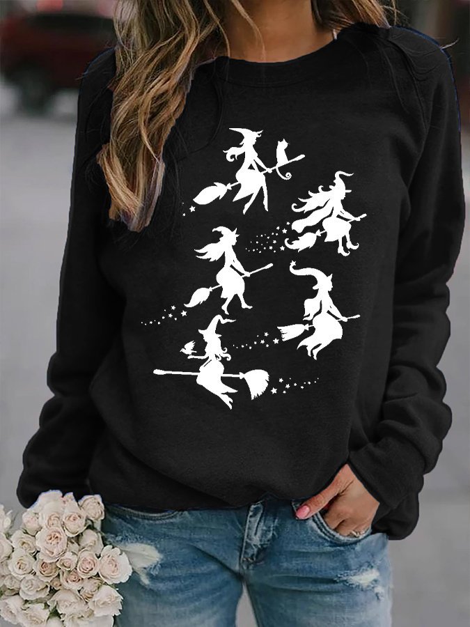 Women's Halloween Witch Print Crew Neck Sweatshirt