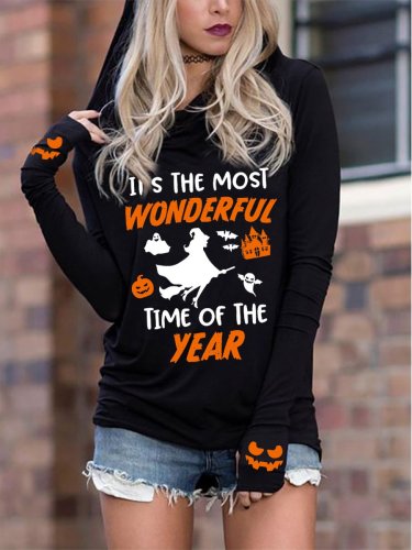 Women's It's The Most Wonderful Time of The Year Witch Ghost Pumpkin Print Hoodie