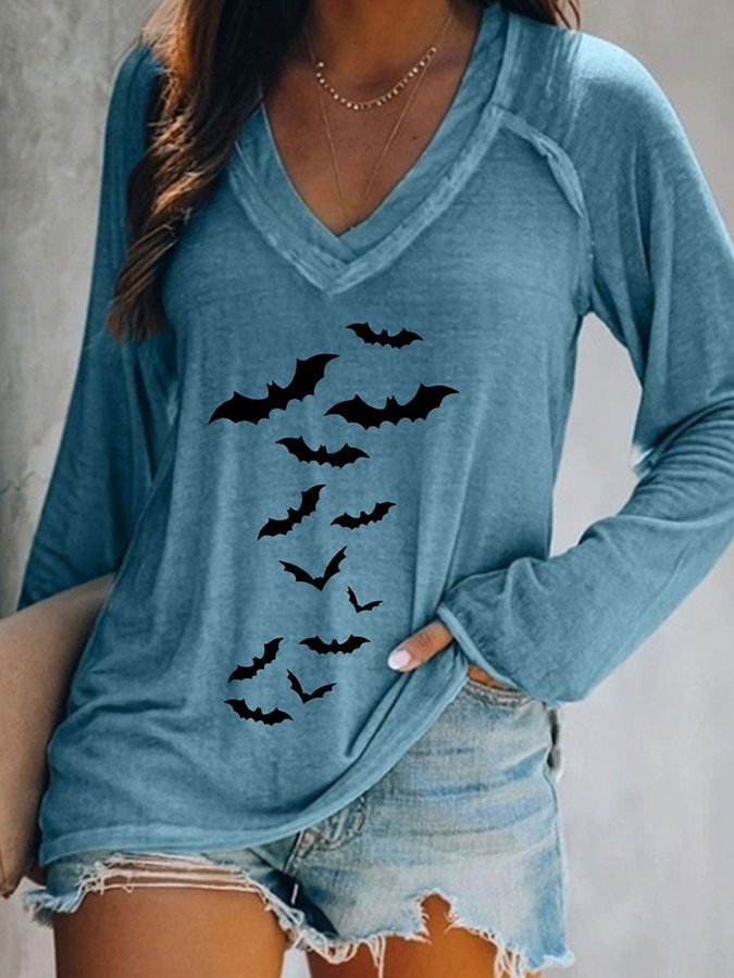 Halloween Bats Print V-neck  Long Sleeve Casual T-Shirt