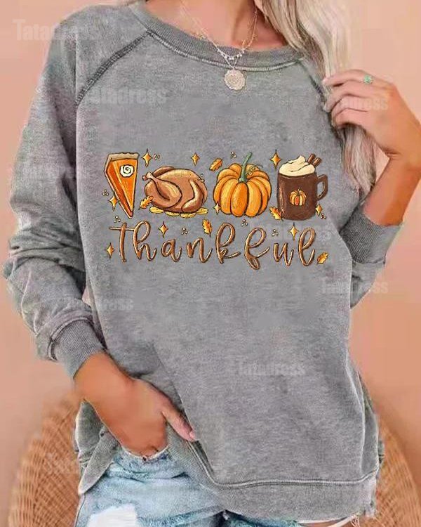 Women's Thankful Pumpkin Pie Thanksgiving Bible Turkey Leaves Fall Autumn Print Casual Sweatshirt