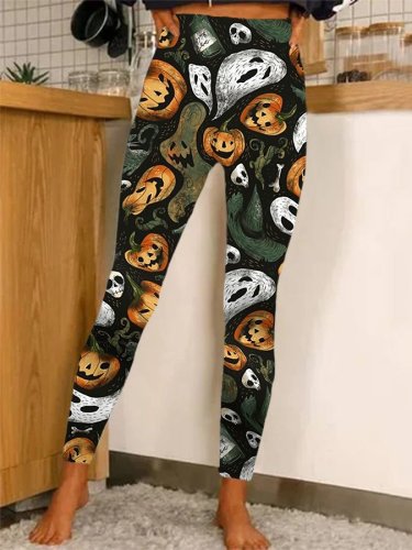 Women's Halloween Pumpkin Ghost Print Stretch Leggings