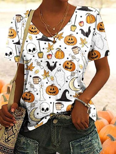 Women's Halloween Pumpkin Print Casual T-Shirt