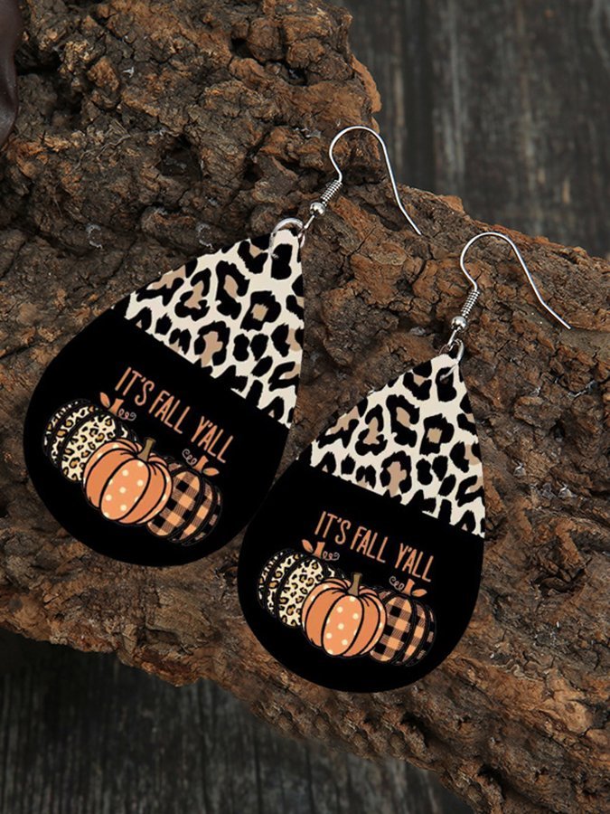 It's Fall Y'all Contrast Color Leopard Bottom Waterdrop Leather Earrings