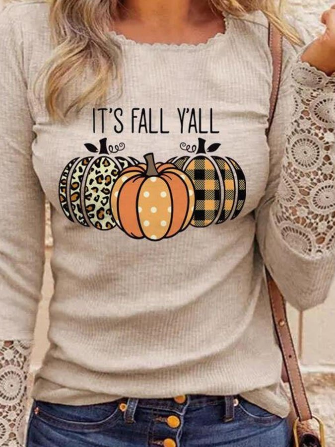 Fashion Pumpkin Print Patchwork Lace Long Sleeve Top