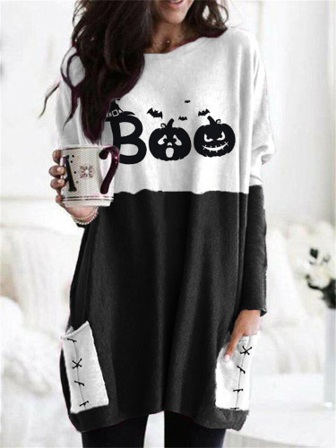 Halloween Boo Contrast Patch Pocket Tunic