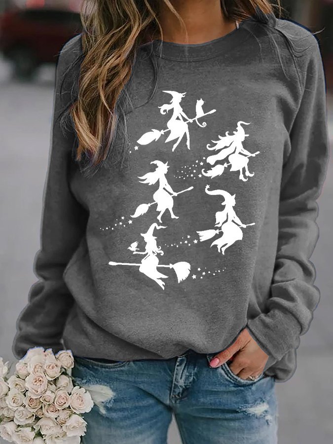 Women's Halloween Witch Print Crew Neck Sweatshirt