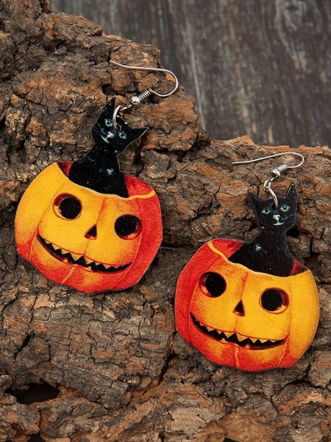 Women's Halloween Cat Pumpkin Wood Earrings