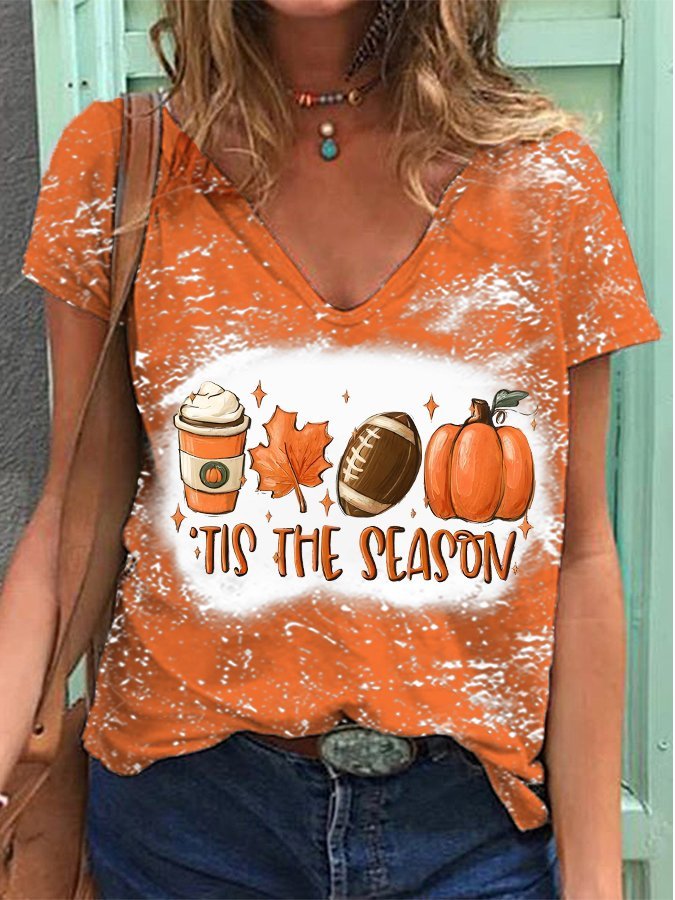 Women's TIS THE SEASON football latte leaves Pumpkin Fall T-Shirt