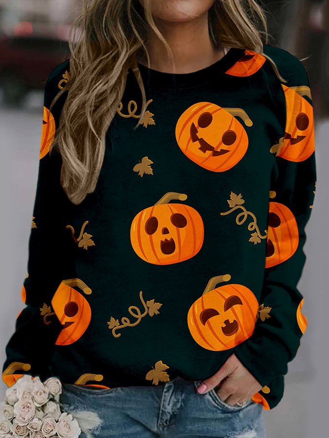 Halloween Pumpkin Crew Neck Print Long Sleeve Sweatshirt