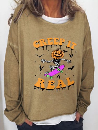 Halloween Skeleton Pumpkin Head Creep It Real Print Sweatshirt