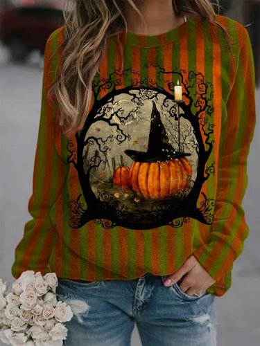Women's Witch Hat Pumpkin Print Casual Sweatshirt