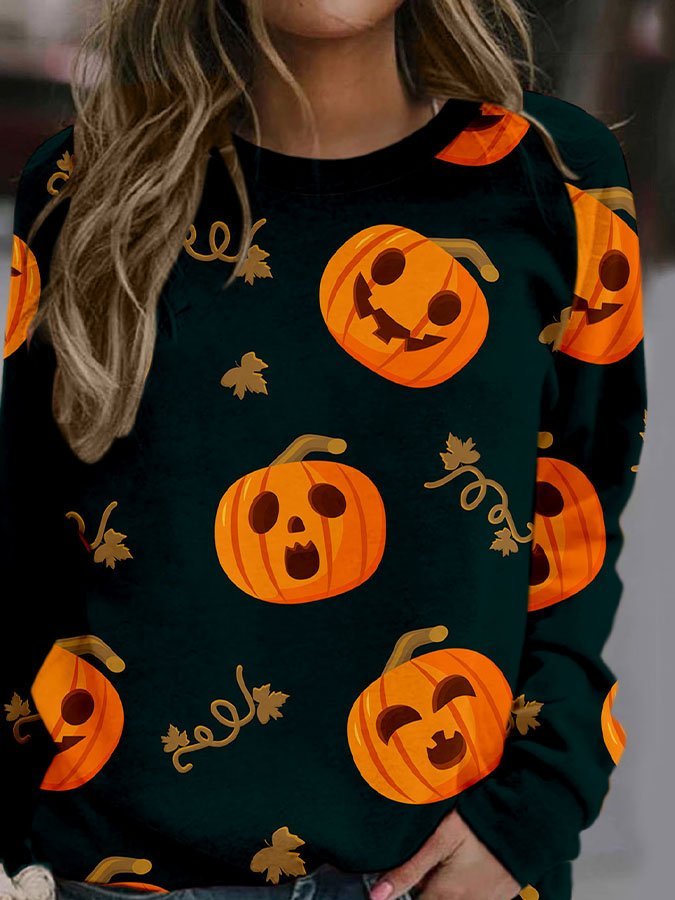 Halloween Pumpkin Crew Neck Print Long Sleeve Sweatshirt